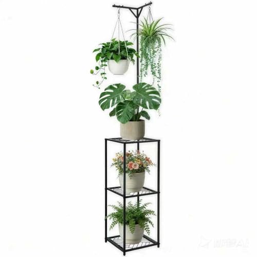 3 Tiered Hanging Plant Stand Indoor outdoor, Corner Plant Flower Stand for Multiple Plants, 67" Tall Plant Rack for 5 Potted Flowers,Plant Shelf for Living Room, Balcony, Patio, Garden, Square Black Metal