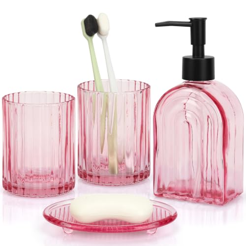 Bathroom Accessories Set, 4Pcs Glass Bathroom Accessories Set Complete, 13.5OZ Lotion Soap Dispenser, Toothbrush Holder, Mouthwash Cup, Soap Dish for Bathroom Decor, Countertop Organizer (Pink) - color: Pink Thick Rainbow