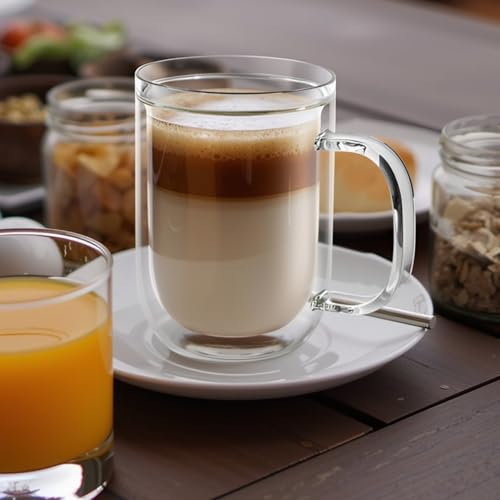 Aquach 16oz Double Walled Glass Coffee Mugs Set of 2, Insulated Teacups | Dishwasher/Microwave Safe, Borosilicate Glass, Double-walled, Smooth Rim, Comfort Handle, Sweat-proof Grip