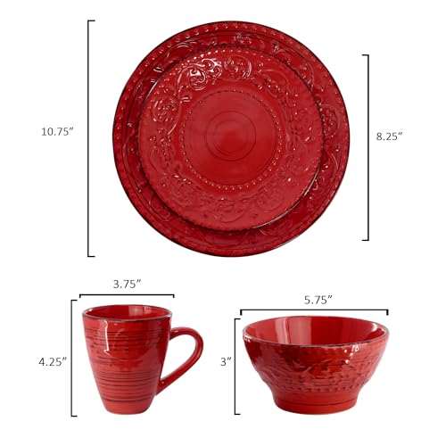 Elama Malibu Ocean Bloom 16-Piece Stoneware Embossed Pattern Reactive Glaze Red Dinnerware Set, Tableware, Serveware Set (Ocean Bloom Red) - color: Ocean Bloom Red