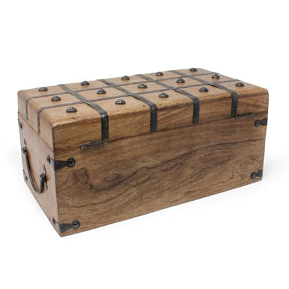 Treasure Chest Wooden Box with Antique Iron Lock and Skeleton Key (Large 14.5x8x6.75) - Storage and Decor – Pirate Wooden Treasure Chest, Decorative Box with Hinged Lid, - size: Large 14.5 x 9 x 5.75"