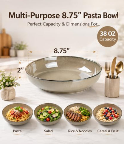 GBhome 8.75'' Large Ceramic Pasta Bowls, 38oz Stoneware Pasta Serving Bowls Set of 4 for Kitchen, Wide Bowls for Fruit,Pasta,Salad,Oatmeal,Meal, Microwave Safe, Reactive Glaze - color: Otameal