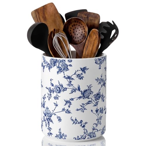 Blue Floral Ceramic Utensil Holder 6.3 Inch Chinoiserie Vintage Kitchen Crock Blue and White Floral Countertop Storage Organizer for Spatulas and Spoons Home Cooking Unique Gift Idea - style: Blue and White