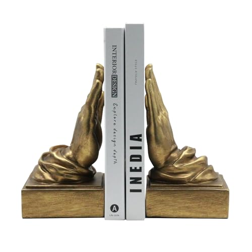 Lukitas Praying Hands Bookends, Heavy Duty Book Stopper, Gold, Resin 8.5'' | Elegant Home Office Desk Decor, Luxurious Ornamental Book Stopper - color: Praying Hands