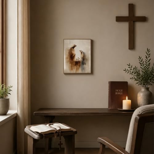 Framed Christian Wall Art Holy Family Nativity Canvas Print 8x10 Inch | Jesus Mary Joseph Religious Painting, Neutral Manger Scene, Gold-Tone Frame, Ready to Hang in Prayer Room, Bedroom or Church - color: Ethereal Figure, size: 10"L x 8"W