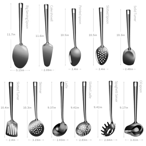Lazycorner Cooking Utensil Set 11 Pcs Stainless Steel Kitchen Utensils Set Wok Utensils Kitchen Tool Set Spatula Set Heat Resistant Metal Kitchen Tools Ergonomic HandleEasy to Clean Dishwasher Safe - color: Black