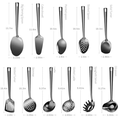 Lazycorner Cooking Utensil Set 11 Pcs Stainless Steel Kitchen Utensils Set Wok Utensils Kitchen Tool Set Spatula Set Heat Resistant Metal Kitchen Tools Ergonomic HandleEasy to Clean Dishwasher Safe - color: Black