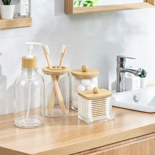 Bamboo Bathroom Accessories Set 4 Pcs, 1 Qtip Holder,1 Soap Dispenser, 1 Toothbrush Holder, 1 Cotton Swab/Ball/Pad Container