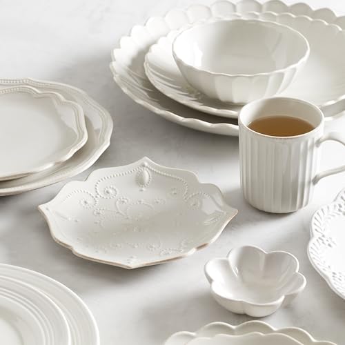 Lenox French Perle Scallop White Stoneware 4-Piece Dinnerware Set for 1 | dishwasher safe, microwave safe | plates and bowls sets for kitchen and dining | 11 inch plate, dish set - style: 4-Piece Place Setting White