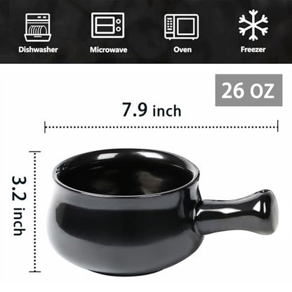 vicrays French Onion Soup Bowls With Handles, 26 Ounce for Soup, Chili, Beef Stew, Chip Resistant, Dishwasher Microwave Safe, Set of 4 (Black) - color: Black