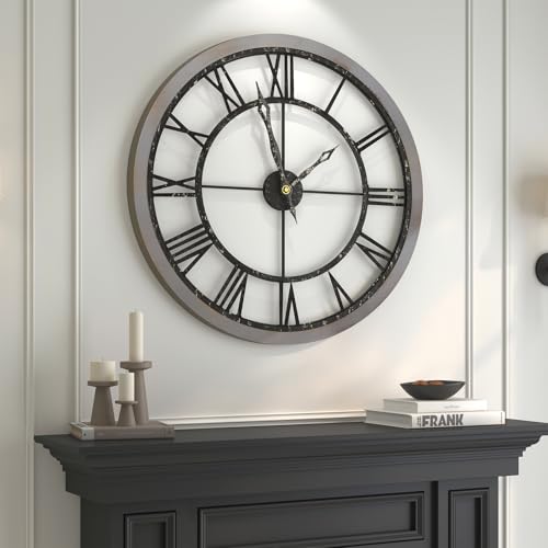 Cuspin Extra Large Wall Clock 36 Inch, Vintage Rustic Wall Clocks for Living Room Decor, Silent Non Ticking Battery Operated Industrial Clock with Solid Wood Frame and Roman Numerals - color: Wood Industrial Roman, size: 36 Inch