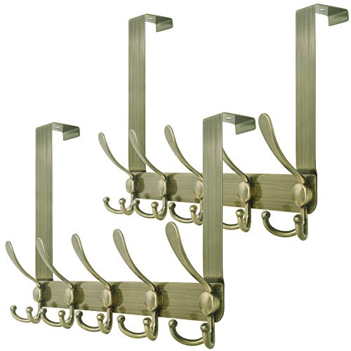 SKOLOO Over The Door Hook - for Doors up to 1-3/4'' Thickness, Pack of 2, Metal Door Hanger with 5 Triple Hooks, Bronze Over The Door Hanger for Coats, Hats,Towels, Assembly Required - color: Bronze, size: 2 Pack
