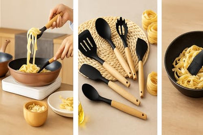 Silicone Cooking Utensils Kitchen Utensil Set - 446°F Heat Resistant Silicone Kitchen Utensils Set, Spatula,Turner Tongs, Spoon, Whisk,Kitchen Gadgets for Nonstick Cookware, BPA Free (Black) - color: Black