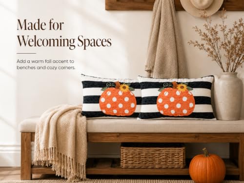 Embroidery Fall Pumpkin Pillow Covers Set of 2(Black & White,12x20) | Soft chenille, black-and-white stripe design, applique pumpkin and sunflower embroidery, hidden zipper, for sofa and bed - size: 20" x 12" (Pack of 2)