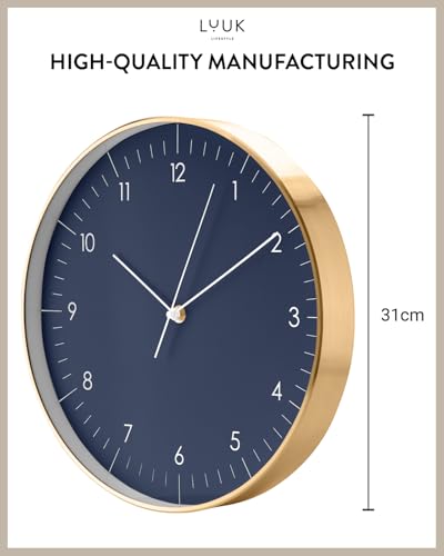 Modern Silent Quartz Wall Clock, 12in, Dark Blue & Gold | Elegant & Simple, Non-ticking, Analog, Easy-to-read display, Battery operated, for Guest room, Bedroom, Kitchen - color: Dark Blue, 12"