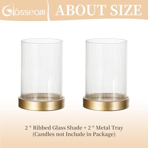 Glasseam Hurricane Glass Candle Holder: Gold Pillar Candle Holders Set of 2 Ribbed Glass Cylinder Covers with Metal Candle Tray Modern Candle Holders for Table Centerpiece Living Room Decorations | 3.94''x5.71'' Ribbed Open-End Sleeve, Fit 4'' Pillar Cand