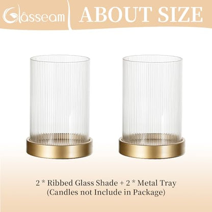 Glasseam Hurricane Glass Candle Holder: Gold Pillar Candle Holders Set of 2 Ribbed Glass Cylinder Covers with Metal Candle Tray Modern Candle Holders for Table Centerpiece Living Room Decorations | 3.94''x5.71'' Ribbed Open-End Sleeve, Fit 4'' Pillar Cand