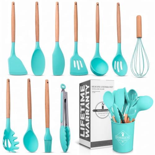 12 Pcs Cooking Kitchen Accessories Set with Holder, Silicone Heads (Teal) | Teal Kitchen Utensils Set for Cooking and Baking; Wooden Handles; Heat-Resistant up to 446°F; Non-Scratch for Nonstick Pans - color: Teal