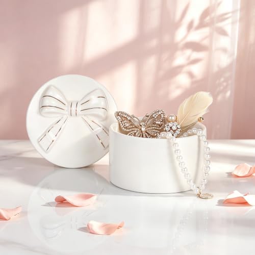 ELLDOO Body Powder Puff and Container, Wedding Bridal Shower Gifts(White) | Ceramic Loose Dusting Powder Storage Box with 2pcs Powder Puffs for Baby Women, Jewelry Trinket Box with Bow Lid - color: White