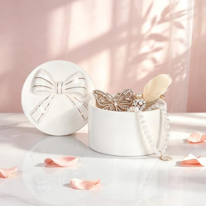 ELLDOO Body Powder Puff and Container, Wedding Bridal Shower Gifts(White) | Ceramic Loose Dusting Powder Storage Box with 2pcs Powder Puffs for Baby Women, Jewelry Trinket Box with Bow Lid - color: White