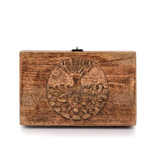 Handmade Mango Wood Tree of Life Engraving Beautifully Keepsake Box Jewellery Organiser Unique Gift Ideas for Men & Women (Flame Work Finish)