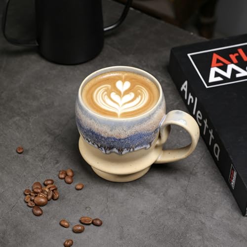 17oz Big Unique Handmade Pottery Coffee Mug with Comfortable Big handle, Reactive Glaze Ceramic Coffee Mug, Artisanal Stoneware Tea Mug,Lead-free Clay, Microwave and Dishwasher safe (White and Blue) - color: White and Blue