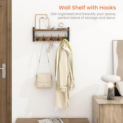 Wall Hooks with Shelf, Wood Coat Rack with Shelf Wall-Mounted, Entryway Hanging Shelves with 5 Metal Hooks for Clothes Hats Towel Purse Robes, Bathroom Mudroom Bedroom, Rustic Brown Black - color: Rustic Brown, size: 17.1 Inch Long