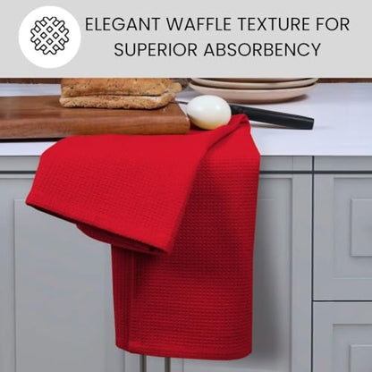 Waffle Kitchen Towels 100% Cotton Set of 4-320 GSM Quality - Soft Absorbent Durable Washable Dish Cleaning Towel for Kitchen & Home - Quick Drying Dish Towel 16x26 inch Red - color: Red
