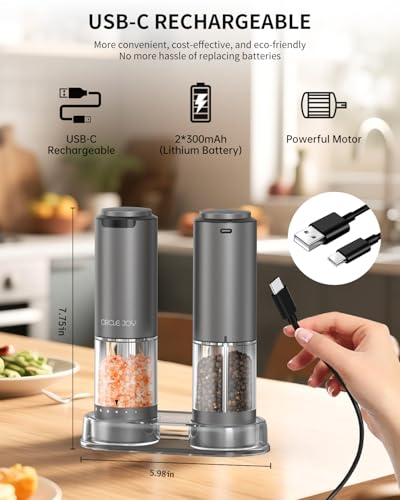CIRCLE JOY Rechargeable Electric Salt and Pepper Grinder Set with Base, Aluminum Alloy Pepper Mills with 95ml Container, White LED Light and External Adjustable Coarseness, Space Grey - color: Rechargeable Aluminum Set with Base