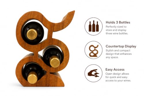 Handmade Solid Acacia Wood Wine Bottle Holder, 3-Bottle Chain Wine Rack, Rustic Countertop Wine Storage, Decorative Home Bar Display - size: 3-Bottle