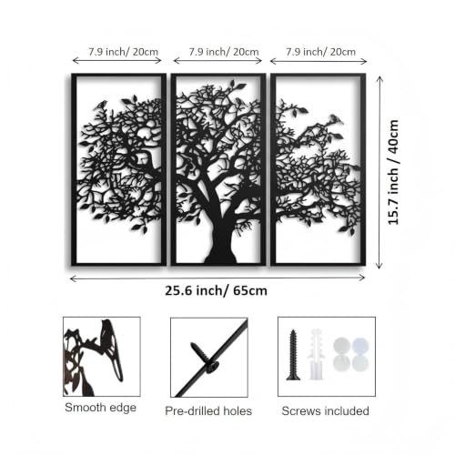 JBCHUCI Metal Tree of Life Wall Art Set of 3, Matte Black Home Decor | Laser-Cut Metal Wall Decor Set, Family Triptych Hanging for Living Room, Dining Room, Entryway, Office, Ideal Gift