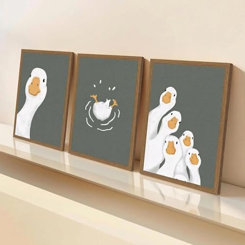 3pcs Framed Funny Goose Wall Art, Dark Green Animal Poster Adorable Goose Family Canvas - Ready To Hang - Modern Minimalist Picture For Living Room, Nursery, Bedroom Decor 12x16in - color: Funny Silly Goose, size: 12x16in