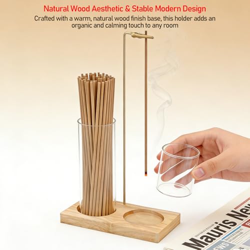 2 in 1 Incense Holder with Ash Catcher, Natural Wooden Base Upside Down Incense Burner Stick Holder with Improved Clip & Storage for Meditation, Yoga, Home Decor
