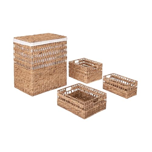 Seville Classics Premium Natural Handwoven Portable Laundry Bin Basket with Carrying Handles, Household Storage for Clothes, Linens, Sheets, Rattan, 3-Piece Hamper Set - color: Natural Water Hyacinth, size: 4-Piece Hamper Set