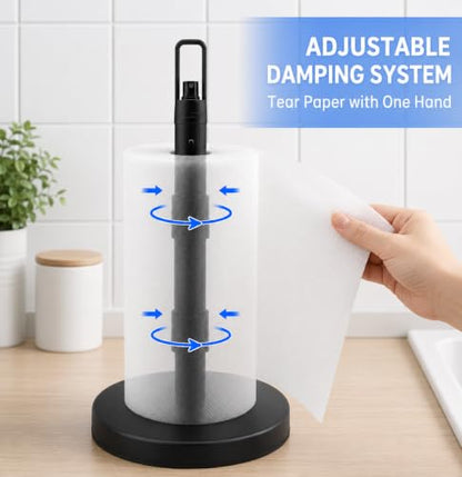 Paper Towel Holder with Spray Pump, All-in-One Countertop Paper Towel Stand with Refillable Bottle, One-Handed Tear Kitchen Roll Holder, Weighted Base, Matte Black - color: Black