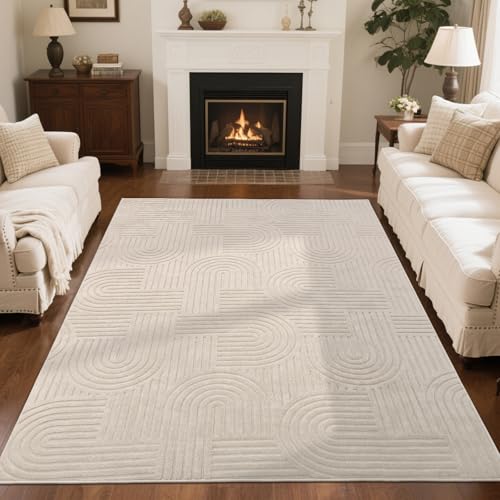 SHACOS Soft Cozy Fluffy Arch Pattern High Low Pile Area Rugs 5'x7' Non Slip Washable Scandinavian Minimalist Rug Modern Geometric Arc Carpet for Living Room Bedroom Dining Room, Beige - color: Beige, size: 5'x7'