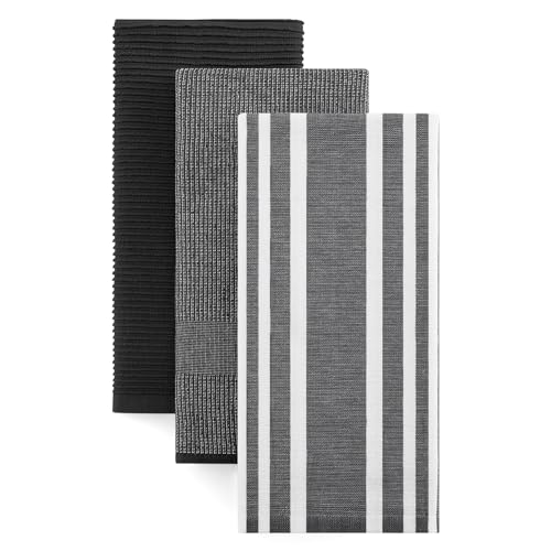 Homaxy Cotton 380 GSM Premium Kitchen Towels, 18"x 28", 3 Pack, Black | Soft and Absorbent Terry Dish Towels, Multipurpose Tea Towel Set with Hanging Loop, 3 Styles Kitchen Hand Towels - color: Black, size: 18" X 28" - 3 Pack