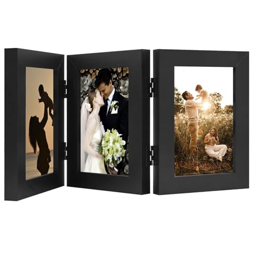Golden State Art, 4x6 Triple Picture Frame Black- Real Glass, 1 Pack | Trifold Photo Frame Vertical Display for Desktop - Three Folding Picture Collage - color: Black, size: 4x6(1 Pack)