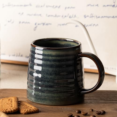 15.5oz Large Heavyweight Ceramic Mug, Reactive (Dark Green) | 15.5oz Medium-Large, Heavy Weighted Stoneware, Reactive Transmutation Glaze, Microwave & Dishwasher Safe, Gift Box - color: Dark Green