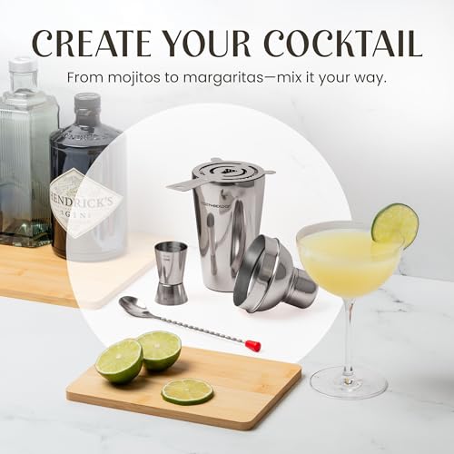 Cocktail Shaker Set - Bartender Kit with Pine Stand | Leak-Proof Design | Includes Martini Shaker, Jigger, Strainer, Spoon, Tongs | Perfect Bar Tools Gift for Home Mixology (Silver) - color: Silver / Dark Stand, size: 8 Pieces