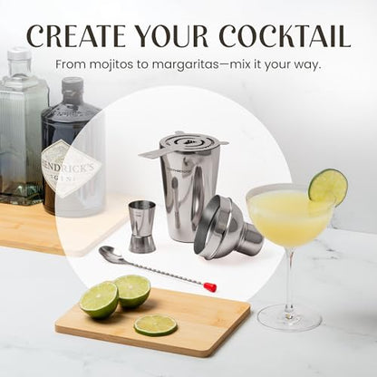 Cocktail Shaker Set - Bartender Kit with Pine Stand | Leak-Proof Design | Includes Martini Shaker, Jigger, Strainer, Spoon, Tongs | Perfect Bar Tools Gift for Home Mixology (Silver) - color: Silver / Dark Stand, size: 8 Pieces