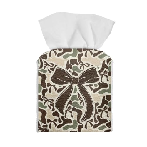 Brown Bow Camo Tissue Box Cover Square PU Leather Napkin Case | Water-proof Cube Napkin Organizer Classic camo bow design works for entryway, office desk and cottage interior - color: Brown Bow Camo