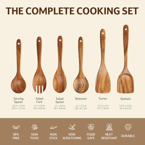 SOOMGYEOL SEOM 6-Piece Teak Wood Cooking Utensil Set | Natural Teak Wood, Uncoated, 6 Essential Cooking Utensils, Nonstick Safe - size: 6 PCS Set
