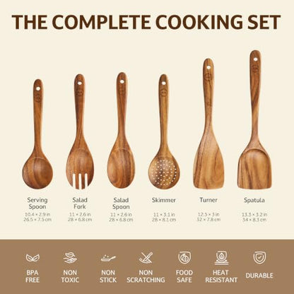 SOOMGYEOL SEOM 6-Piece Teak Wood Cooking Utensil Set | Natural Teak Wood, Uncoated, 6 Essential Cooking Utensils, Nonstick Safe - size: 6 PCS Set