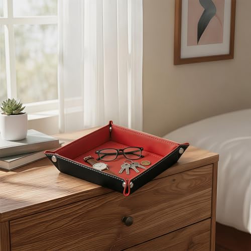 Valet Tray Desktop Storage Organizer – Vegan Leather Catchall Tray Bedside Vanity Tray Nightstand Caddy Holder for Remote Controller, Watch, Keys, Phone, Wallet, Coin, Jewelry, Red - color: Red