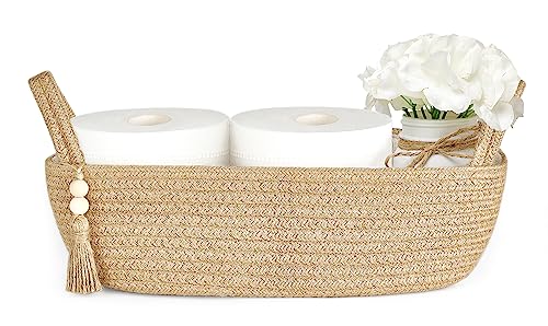 Mkono Toilet Paper Basket, Boho Bathroom Decor, Small Storage Organizer | Brown, 13"L x 6"W, Back of Toilet Basket, Decorative Woven Tray with Handles, Space-Saving, Living Room Bedroom, 1 Pack - color: Brown, size: Small