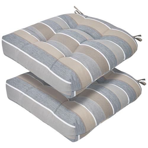 Magpie Fabrics Outdoor Tufted Seat Cushion 19"x19" Set of 2 (Grey Striped) | Waterproof Patio Chair Pads with ties Tatami Floor Pillow for Room Garden Balcony Office - color: Grey Striped