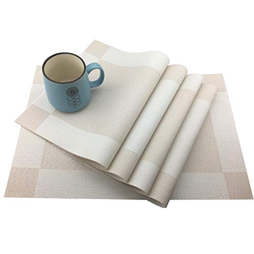 Vinyl Beige Placemats Heat Resistant Dining Table Mats Non-Slip Washable Place Mats Set of 6 （Beige） - color: Beige