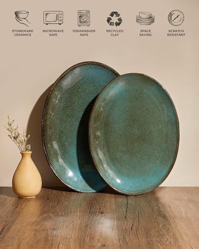 Stoneware Serving Platters, Oval 13.18/11.92 inch Serving Dishes for Entertaining, Ceramic Serving Trays for Party, Fruit, Turkey, Cheese, Trays for Serving Food, Microwave Safe, Brown Green