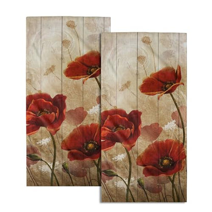 Imiss Red Poppy Flower Hand Towels Set of 2 - Rustic Brown Wooden Multi-Purpose Guest Kitchen Towel 14.4 x 28.3 Inch for Face Bathroom Gym Spa - color: Red Poppy Floral